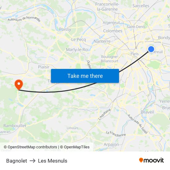 Bagnolet to Les Mesnuls map