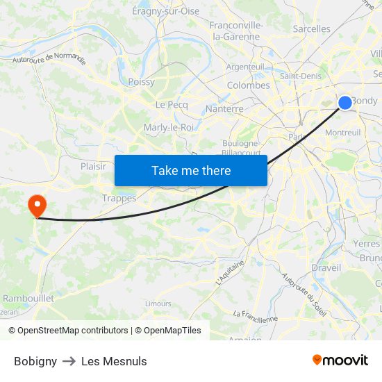 Bobigny to Les Mesnuls map