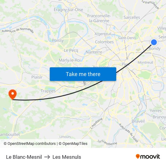 Le Blanc-Mesnil to Les Mesnuls map