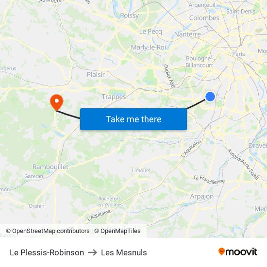 Le Plessis-Robinson to Les Mesnuls map