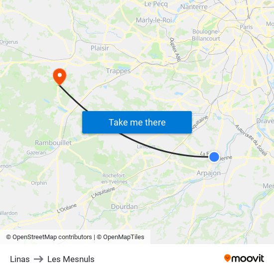 Linas to Les Mesnuls map