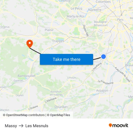 Massy to Les Mesnuls map