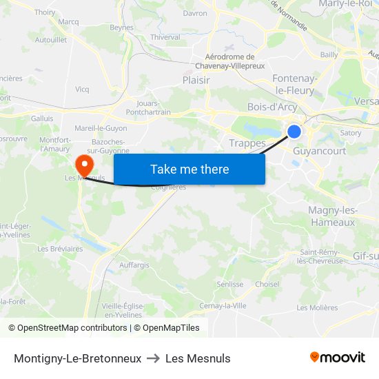 Montigny-Le-Bretonneux to Les Mesnuls map