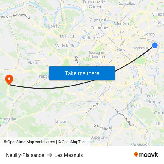 Neuilly-Plaisance to Les Mesnuls map