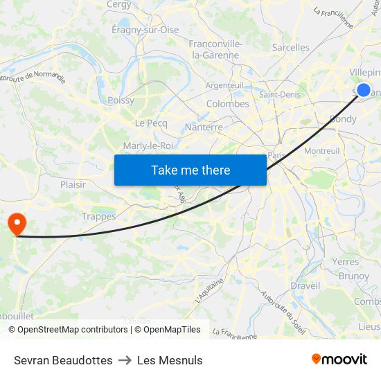 Sevran Beaudottes to Les Mesnuls map