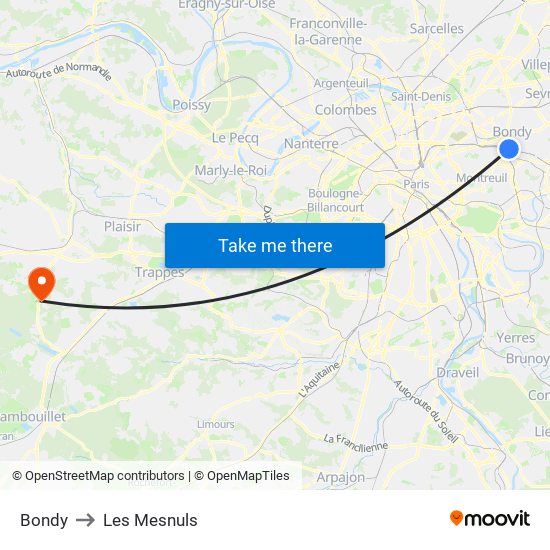Bondy to Les Mesnuls map