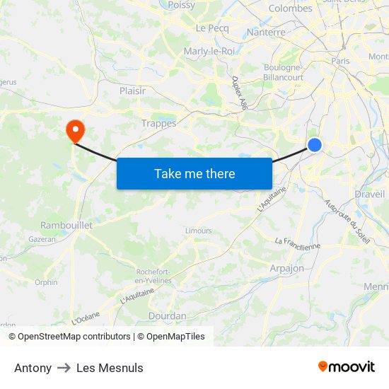 Antony to Les Mesnuls map