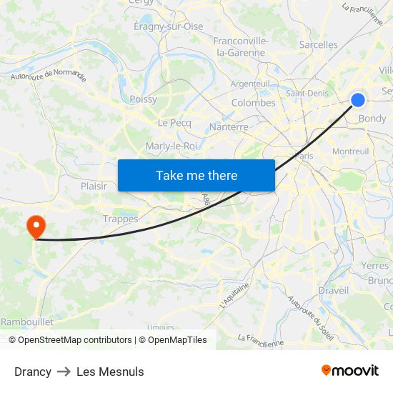 Drancy to Les Mesnuls map