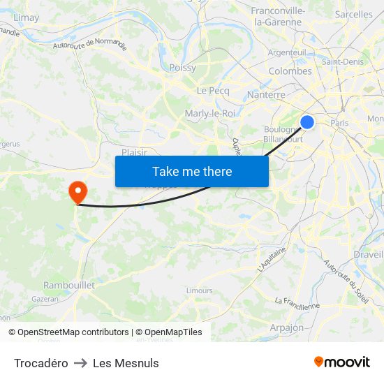 Trocadéro to Les Mesnuls map