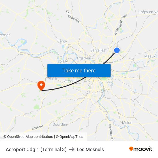 Aéroport Cdg 1 (Terminal 3) to Les Mesnuls map