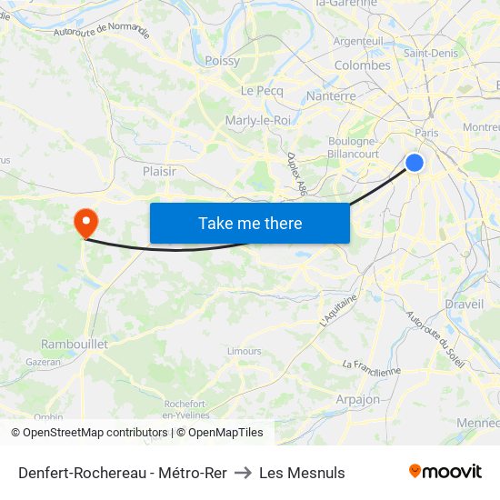 Denfert-Rochereau - Métro-Rer to Les Mesnuls map