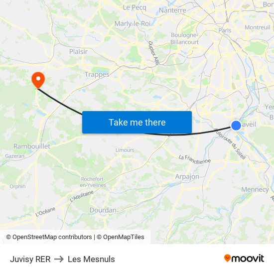 Juvisy RER to Les Mesnuls map