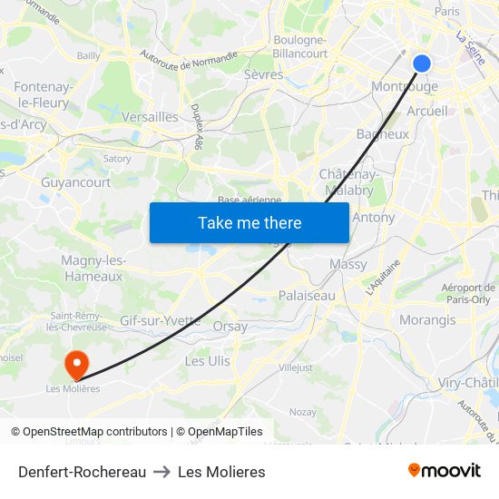 Denfert-Rochereau to Les Molieres map