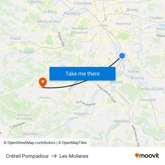 Créteil Pompadour to Les Molieres map