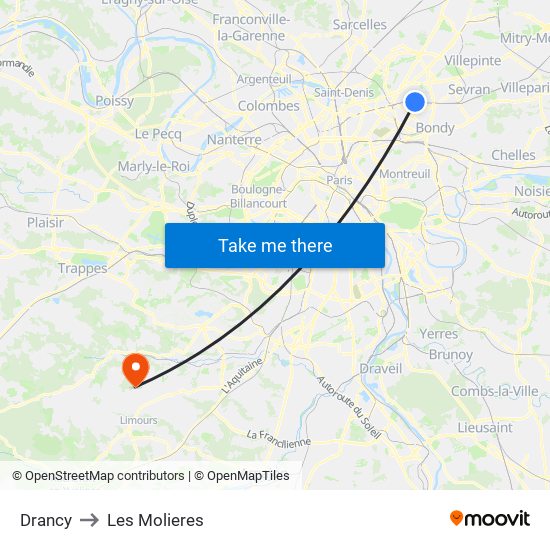 Drancy to Les Molieres map