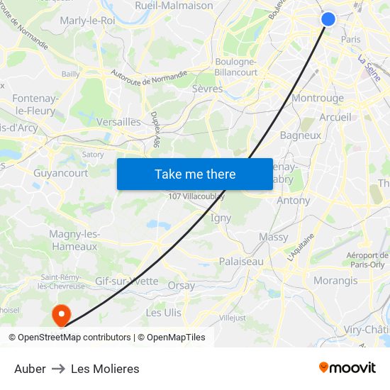 Auber to Les Molieres map