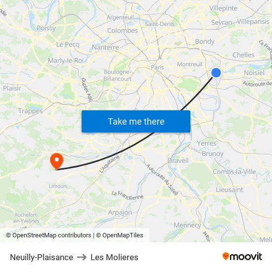 Neuilly-Plaisance to Les Molieres map