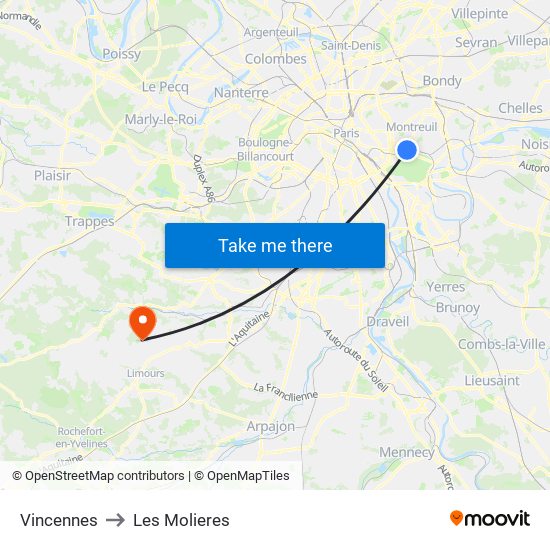 Vincennes to Les Molieres map