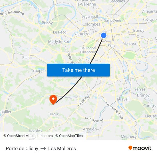 Porte de Clichy to Les Molieres map