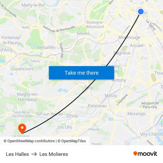 Les Halles to Les Molieres map