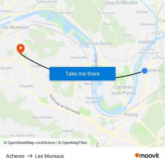 Acheres to Les Mureaux map
