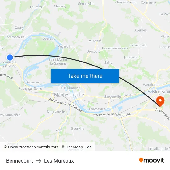 Bennecourt to Les Mureaux map