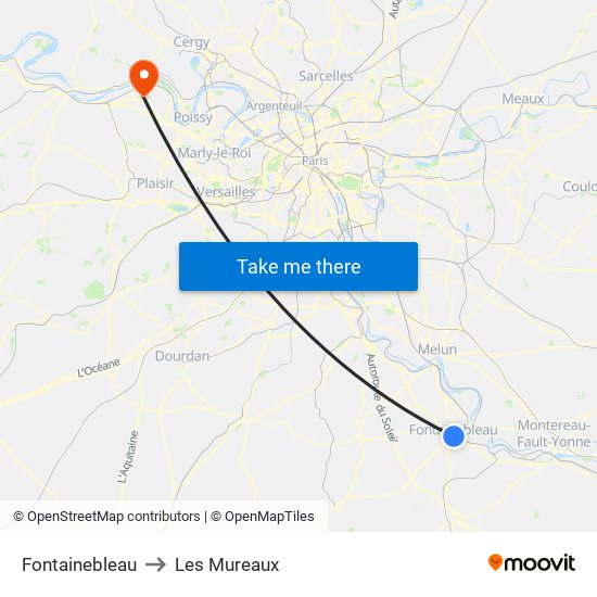 Fontainebleau to Les Mureaux map