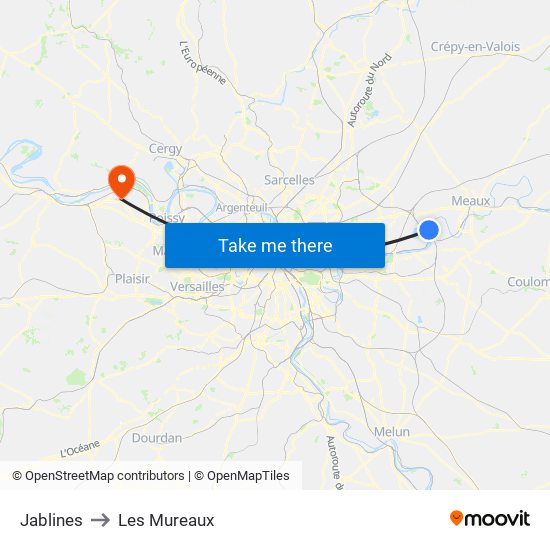 Jablines to Les Mureaux map