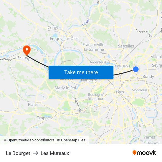 Le Bourget to Les Mureaux map