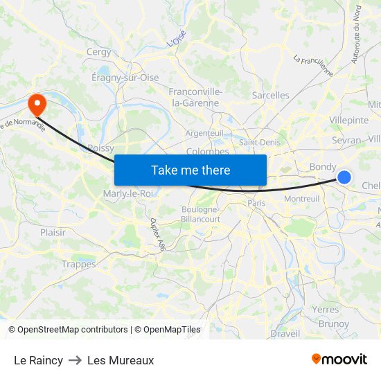 Le Raincy to Les Mureaux map
