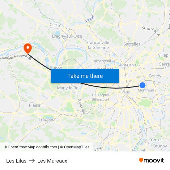 Les Lilas to Les Mureaux map