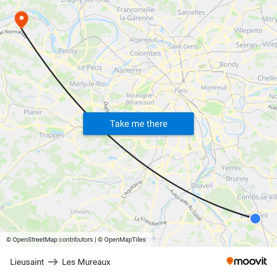 Lieusaint to Les Mureaux map