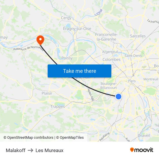 Malakoff to Les Mureaux map