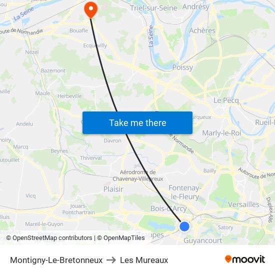 Montigny-Le-Bretonneux to Les Mureaux map