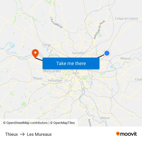 Thieux to Les Mureaux map