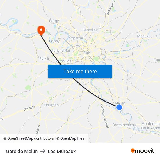 Gare de Melun to Les Mureaux map