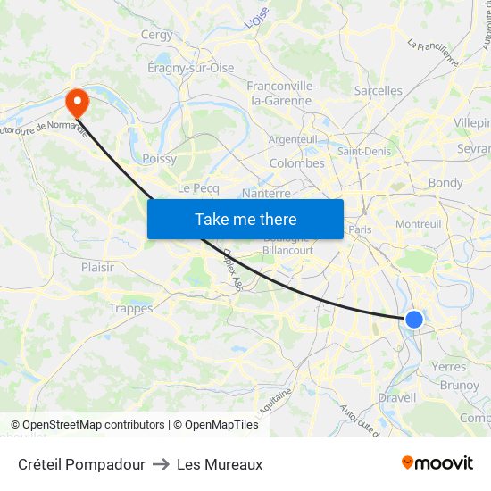 Créteil Pompadour to Les Mureaux map