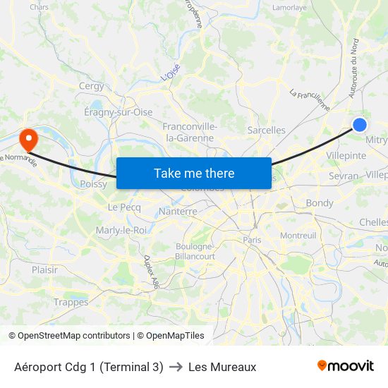 Aéroport Cdg 1 (Terminal 3) to Les Mureaux map