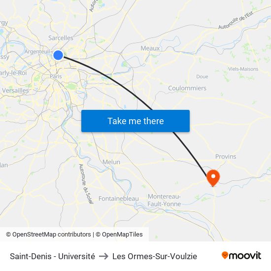 Saint-Denis - Université to Les Ormes-Sur-Voulzie map