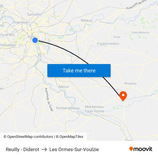 Reuilly - Diderot to Les Ormes-Sur-Voulzie map