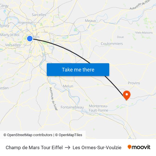 Champ de Mars Tour Eiffel to Les Ormes-Sur-Voulzie map