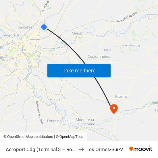 Aéroport Cdg (Terminal 3 – Roissypôle) to Les Ormes-Sur-Voulzie map