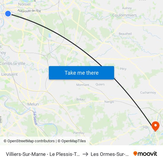 Villiers-Sur-Marne - Le Plessis-Trévise RER to Les Ormes-Sur-Voulzie map