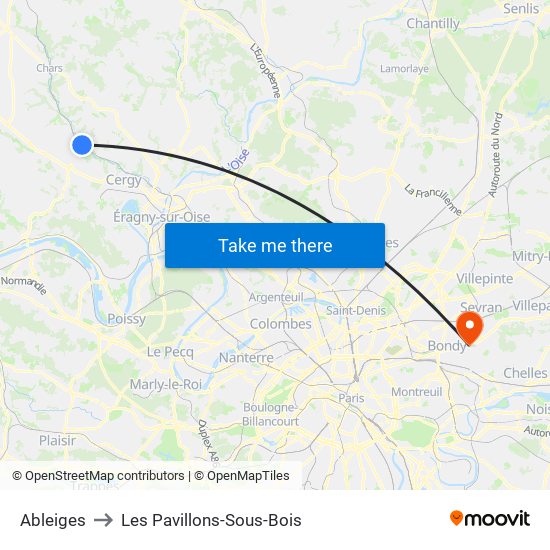 Ableiges to Les Pavillons-Sous-Bois map