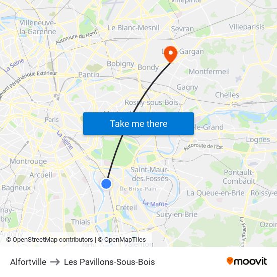 Alfortville to Les Pavillons-Sous-Bois map