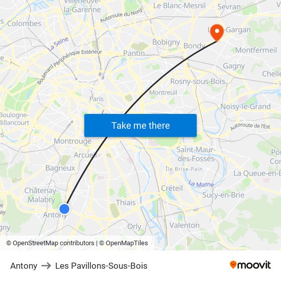 Antony to Les Pavillons-Sous-Bois map