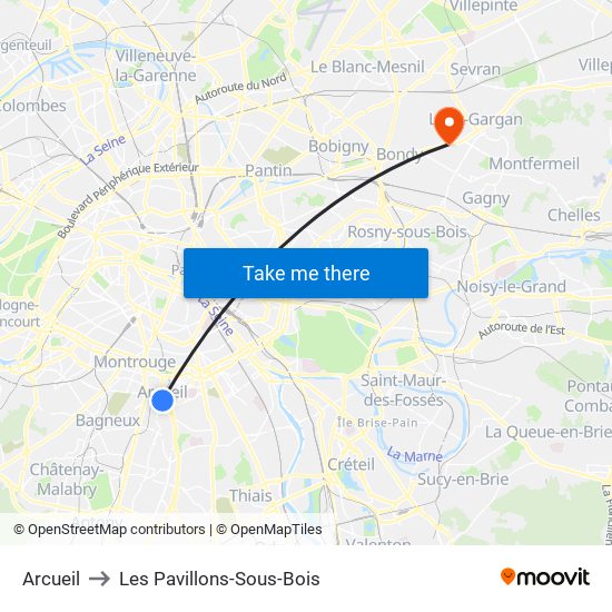 Arcueil to Les Pavillons-Sous-Bois map