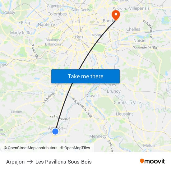 Arpajon to Les Pavillons-Sous-Bois map