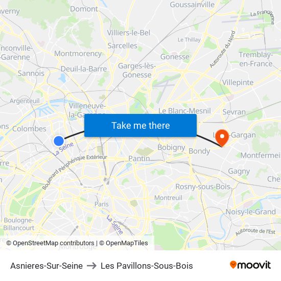 Asnieres-Sur-Seine to Les Pavillons-Sous-Bois map