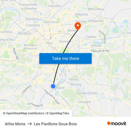 Athis-Mons to Les Pavillons-Sous-Bois map